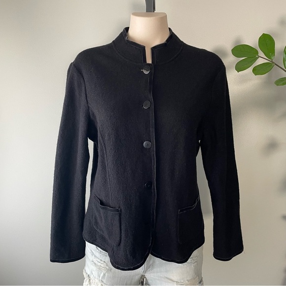 Vintage Talbots 100% Merino Wool Button Down Jacket Short High Collar Black - Picture 1 of 9